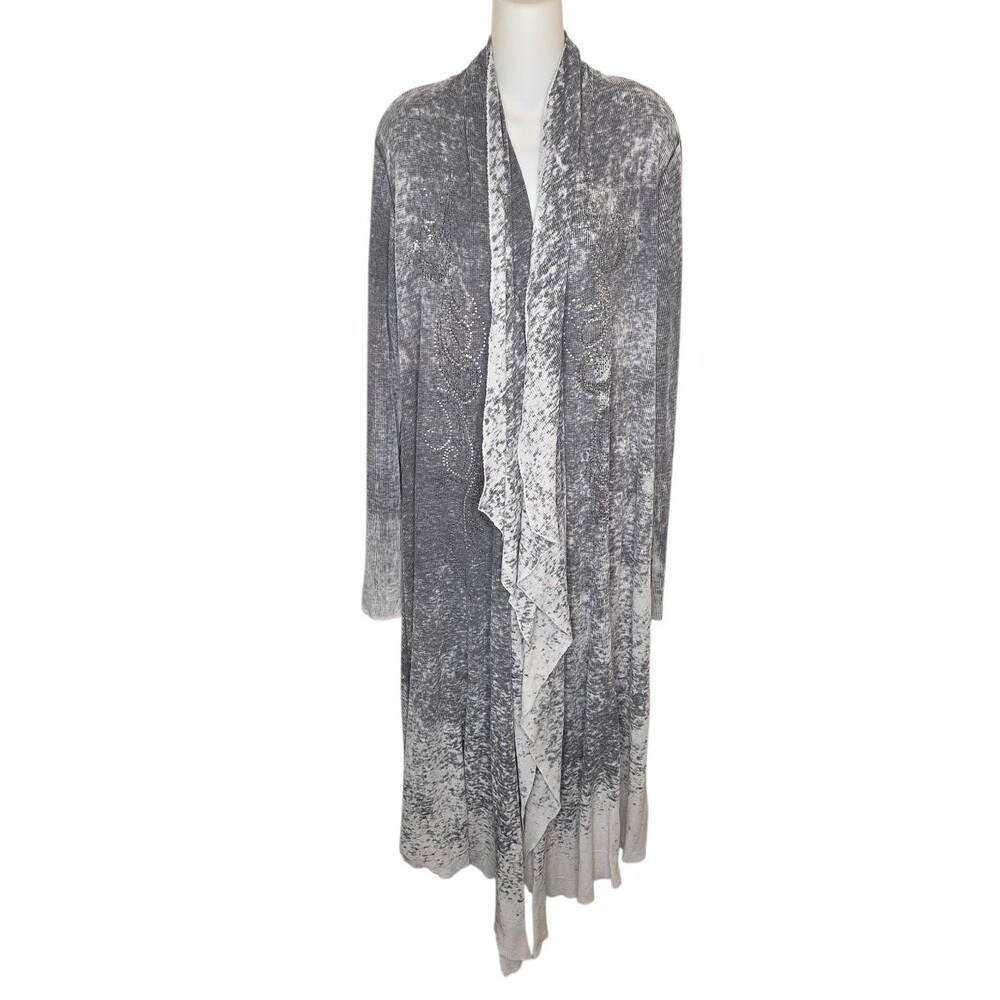 Vocal Rhinestone Fleur De Lis Duster Gray Heathered Boho Western Cardigan L Y2K